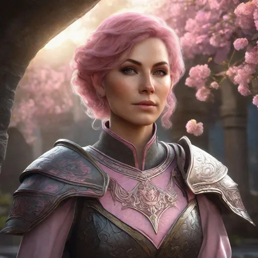 Prompt: Photorealistic portrait of a kind female elf cleric in her thirties, short pink wavy hair, small flowers in hair, heavy armor, graveyard setting, crypt setting, atmospheric light, DnD, DnD style, high quality, detailed hair, realistic lighting, professional, detailed facial features, detailed coloring, high resolution, realistic rendering, detailed hands, Persephone, subtle ears