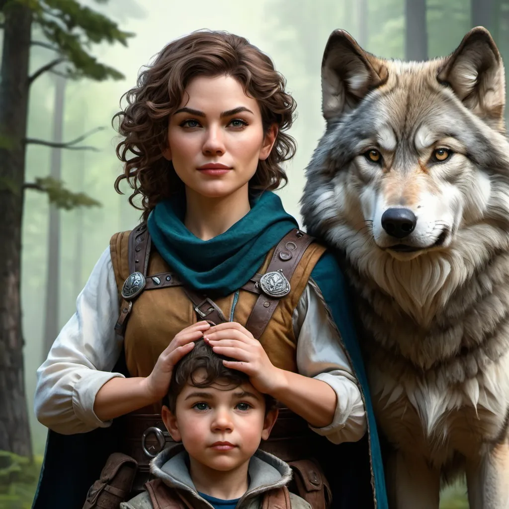 Prompt: Portrait of a female human ranger with her young male child and a pet wolf, mother and son, gray wolf, fantasy, curly brown hair, forest background, very detailed, realistic, UHD, D&D, DnD, fantasy, style of dnd