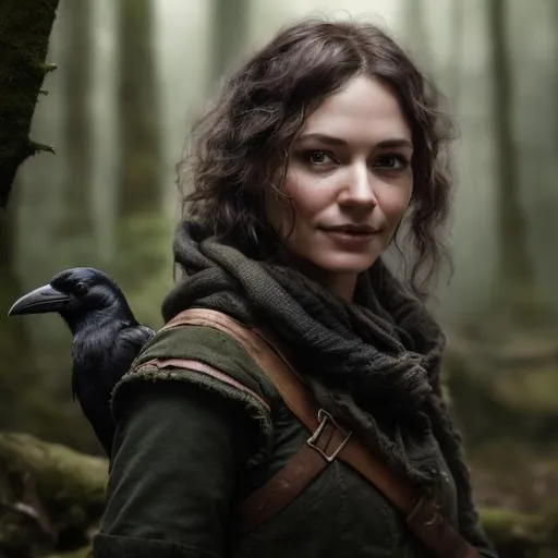 Prompt: Photorealistic portrait of a kind woman in her thirties that is a human ranger with a crow familiar, round face, very curly hair, DnD, DnD style, high quality, forest setting, detailed hair, realistic lighting, professional, detailed facial features, forest scene, crow familiar, detailed coloring, high resolution, realistic rendering, slight smile, detailed hands