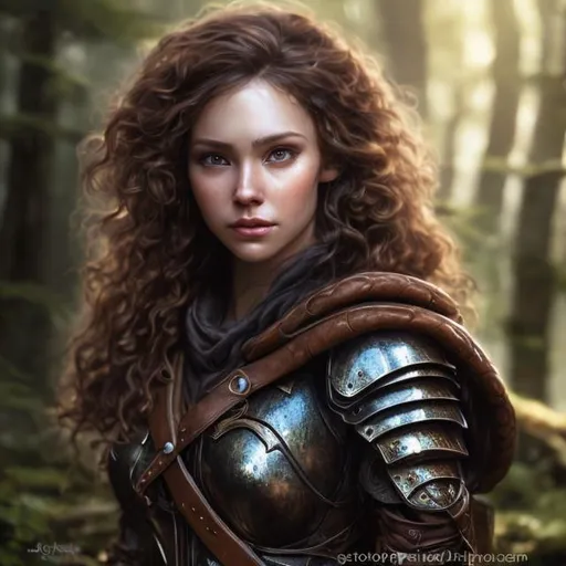 Prompt: Photorealistic portrait of a female human cleric, curly brown hair, forest background, leather armor, brown eyes, detailed facial features, DnD, high quality, forest setting, detailed hair, realistic lighting, professional, atmospheric lighting