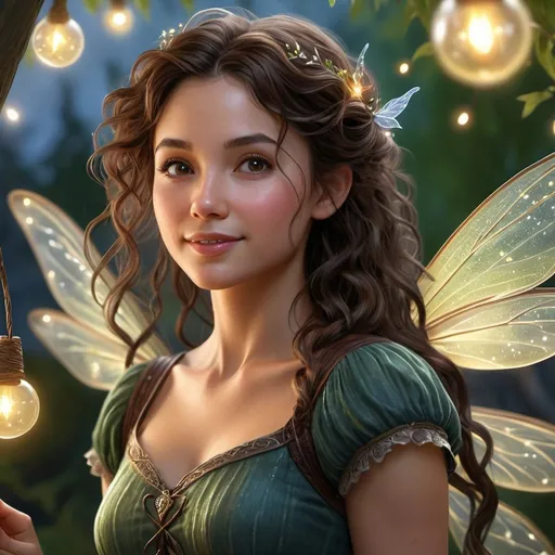 Prompt: Photorealistic picture of a small female fairy with delicate wings on her back, sorcerer, magical, flying, very curly dark brown hair, round face, DnD, DnD style, high quality, twinkling lights in a willow tree setting, willow trees, detailed hair, detailed facial features, detailed coloring, high resolution, slight smile, detailed hands, flat chest