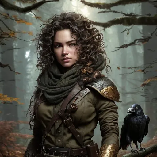 Prompt: Photorealistic depiction of a woman human ranger with a crow familiar, very curly hair with tight curls, fat, DnD, high quality, forest setting, autumn leaves, golden hour, detailed hair, realistic lighting, professional, realistic, detailed facial features, detailed eyes, realistic style, forest scene, crow familiar, detailed coloring, detailed foliage, high resolution, autumnal colors, realistic rendering