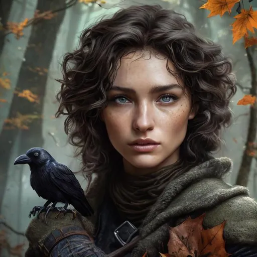 Prompt: Photorealistic portrait of a woman human ranger with a crow familiar, very curly hair, flat chest, slight smile, DnD, high quality, detailed facial features, detailed eyes, realistic lighting, professional, detailed hair, forest setting, autumn leaves, forest scene, detailed foliage, crow familiar, realistic, DnD style, autumnal colors, detailed shadows, realistic portrait