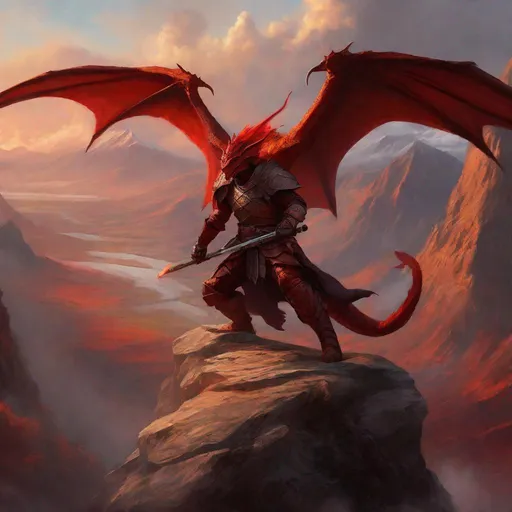 Prompt: digital painting, dnd character a red dragonborn rogue with wings, very detailed, realistic, UHD, D&D, DnD, fantasy, style of dnd, by Todd Lockwood, volcano setting