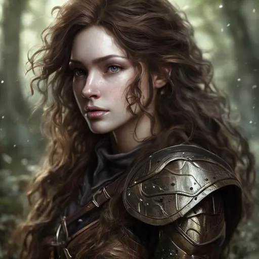Prompt: Photorealistic portrait of a female human cleric, curly brown hair, forest background, leather armor, brown eyes, detailed facial features, DnD, high quality, forest setting, detailed hair, realistic lighting, professional, atmospheric lighting