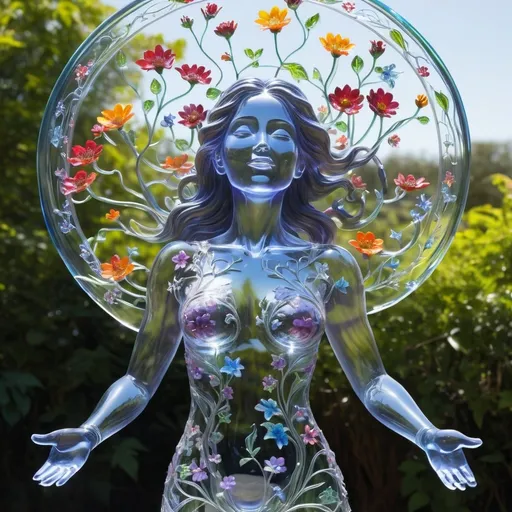 Prompt: A detailed and vibrant transparent glass sculpture of a woman with flowers growing through the middle of her, she is facing towards the sky  with her arms outstretched and she looks peaceful and the flowers growing through her transition to galaxy vines of light, intricate details,