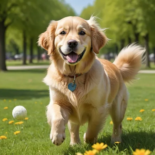 Prompt: Generate an image of a detailed golden retriever dog. The dog should have a shiny, well-groomed coat with detailed fur texture. Its eyes should be expressive and lifelike, showing a happy and playful demeanor. The background should be a sunny park with green grass, trees, and flowers. There should be a blue sky with a few fluffy white clouds. The dog is in a playful stance, perhaps with a ball or stick nearby. The overall scene should be bright and cheerful, capturing the joy of a dog playing in the park.