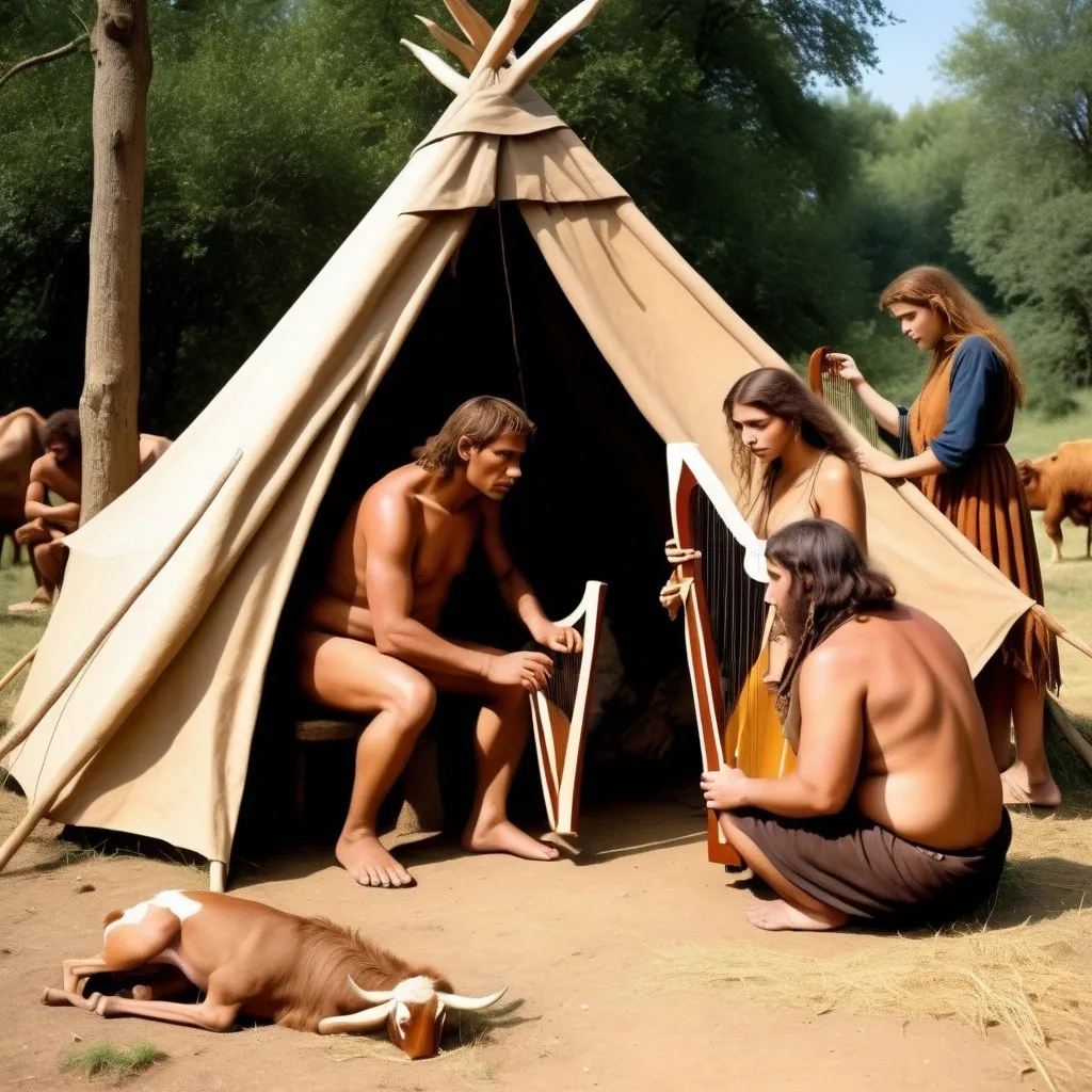 Prompt: Draw a slightly overweight light-brown almost Neanderthal woman next to another beautiful light-brown almost Neanderthal woman just outside of a primitive tent. Also draw a young man tending cattle and another young man playing a harp. They all wear primitive clothing.