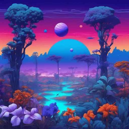 Prompt: 
 un pequeño grupo de árboles, flores y plantas tropicales, lo extraño era el color de toda la vegetación, todas las plantas y árboles estaban teñidos de colores fríos, desde el azul marino, hasta el amatista, pasando por el azul eléctrico, el lavanda y el purpura. El planeta saturno en el horizonte