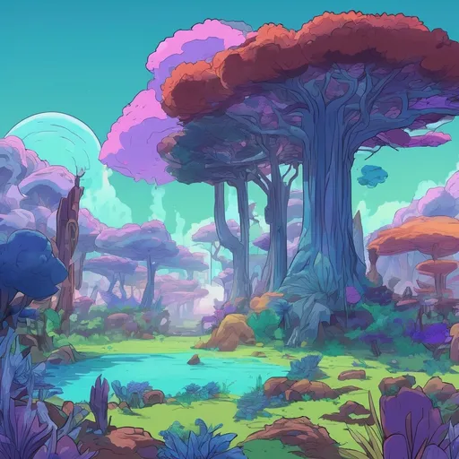 Prompt: 
 un pequeño grupo de árboles, flores y plantas tropicales, lo extraño era el color de toda la vegetación, todas las plantas y árboles estaban teñidos de colores fríos, desde el azul marino, hasta el amatista, pasando por el azul eléctrico, el lavanda y el purpura. estilo rick and morty