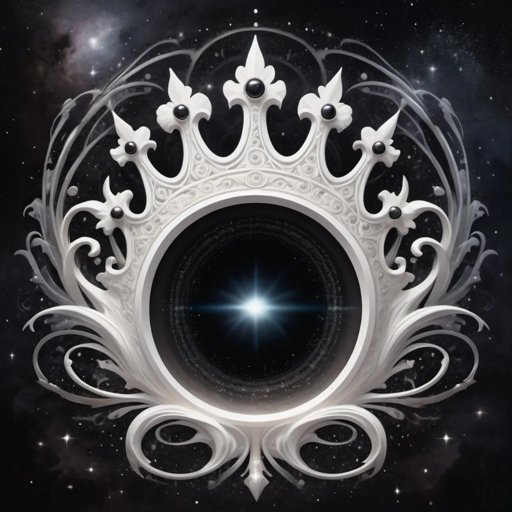 Prompt: Fantasy illustration of a white crown empowered by a black hole, magical ethereal style, swirling cosmic energy, intricate details in the crown, mystical aura, dark and mysterious background, high quality, ethereal fantasy, cosmic, powerful black hole, intricate design, mystical aura, magical, swirling energy, detailed craftsmanship