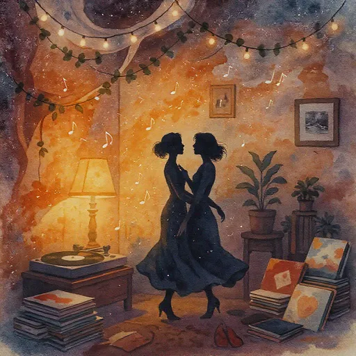 Prompt: Envision a cozy, intimate room where melodies swirl through the air like gentle whispers. Soft, warm lighting emanates from vintage-style lamps, casting golden hues that dance on the walls, creating a serene ambiance. In the corner, a sleek turntable spins vinyl records, surrounded by colorful stacks of albums, each cover vibrant and inviting. Draped fairy lights glimmer above, twinkling like distant stars, enhancing the romantic atmosphere. At the center, a silhouette of a person sways rhythmically, their expression filled with joy as they lose themselves in the music. Nearby, potted plants stand sentinel, their leaves catching the soft light, adding a touch of life to the scene. This magical moment, depicted in a dreamy watercolor illustration style, captures the essence of love and music intertwining beautifully.