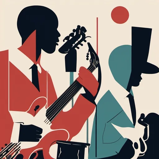 Prompt: A modern style poster with a minimalist design for a jazz music performance. The poster subtly  The overall look should be simple, sophisticated, and evocative  and jazz music. Poster made by guitar and drums and bass guitar