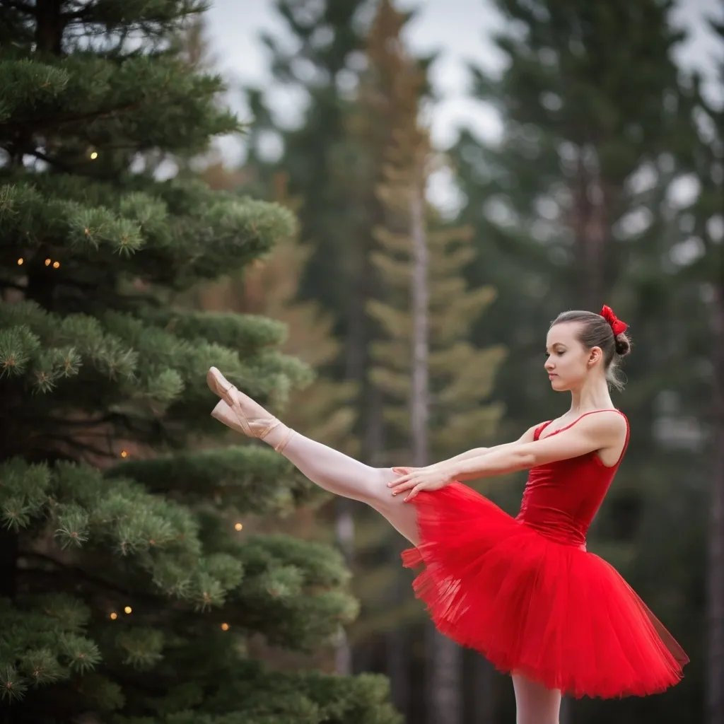 Prompt: I shoot the balerina wit red dress in a mount and pine background with canon 135mm f2 bokeh 