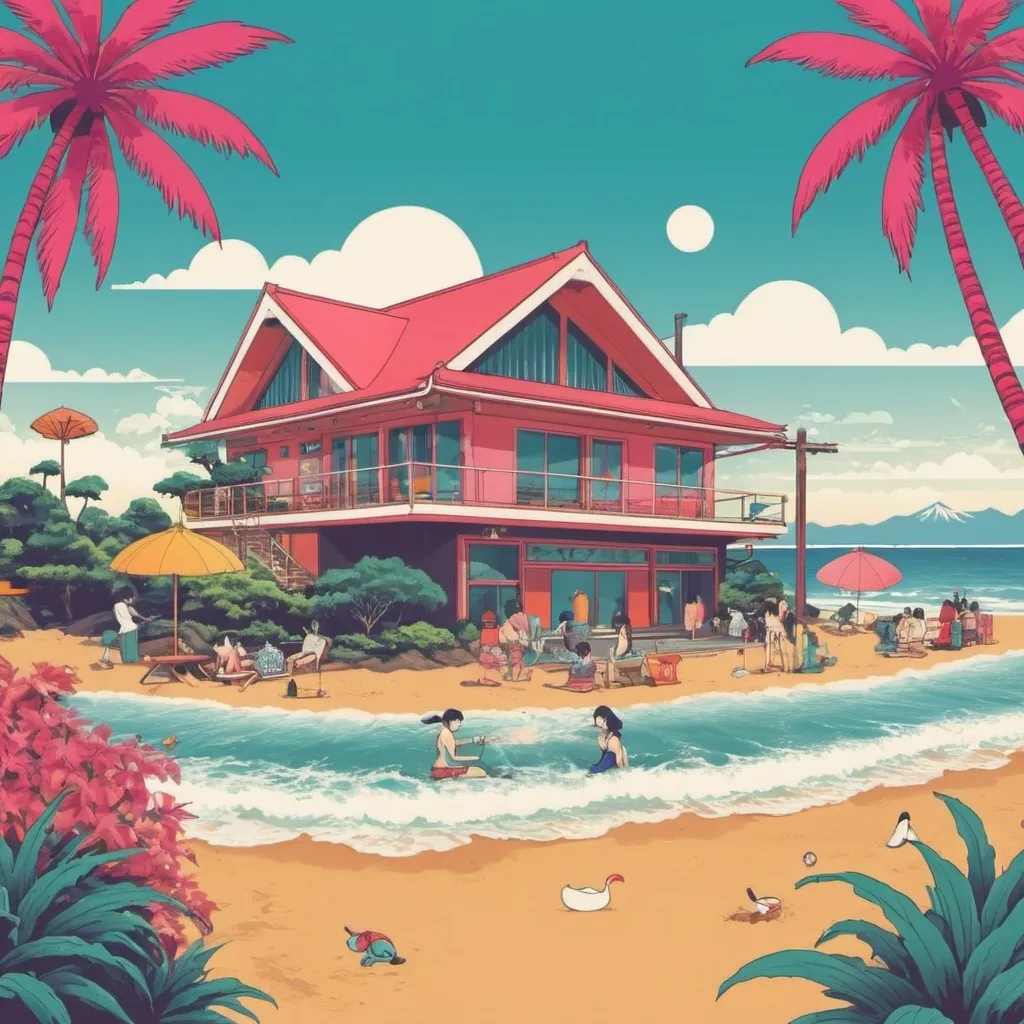 Prompt: generate an image that is symbolic of cool house music that is beachy and chill from japan. includes elements of chillness and fun japanese symbolism, make it funky and groovy and incorporate elements of partying and chilling and disco