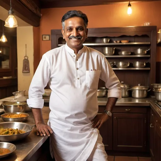 Prompt: (50-year-old Indian man) wearing a crisp white shirt and classic dhoti, (food preparation) cooking authentically in a quaint traditional Indian restaurant, (infectious smile), warm and inviting ambiance, surrounded by rustic decor, (soft warm lighting) enhancing the cozy atmosphere, (ultra-detailed), capturing the essence of Indian culinary culture in this vibrant setting, (high quality) and rich colors that celebrate the scene. Create a wide shot showing the entire kitchen