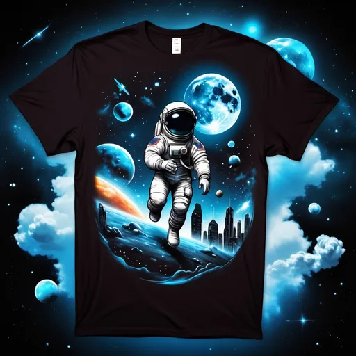 Prompt: CEATE  T-SHIRTS WITH THIS DESIGN DESCRIBED HERE -
Space & Sci-Fi
"Astronaut floating in space, holding a glowing planet with a surreal galactic background"
"A cosmic wolf howling at the moon with galaxy nebula clouds swirling around it"
"Futuristic city skyline at night with glowing lights and holographic billboards"  PLACE ON A T-SHIRT