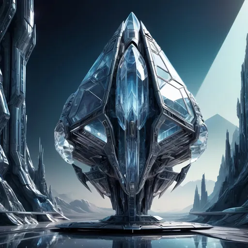 Prompt: Crystal spaceship in futuristic scenery, high-tech, metallic sheen, intricate crystal details, professional art, highres, ultra-detailed, futuristic, sci-fi, dramatic lighting, intense shadows, surreal landscape, professional art, futuristic, crystal spaceship, metallic sheen, intricate details, intense shadows, dramatic lighting