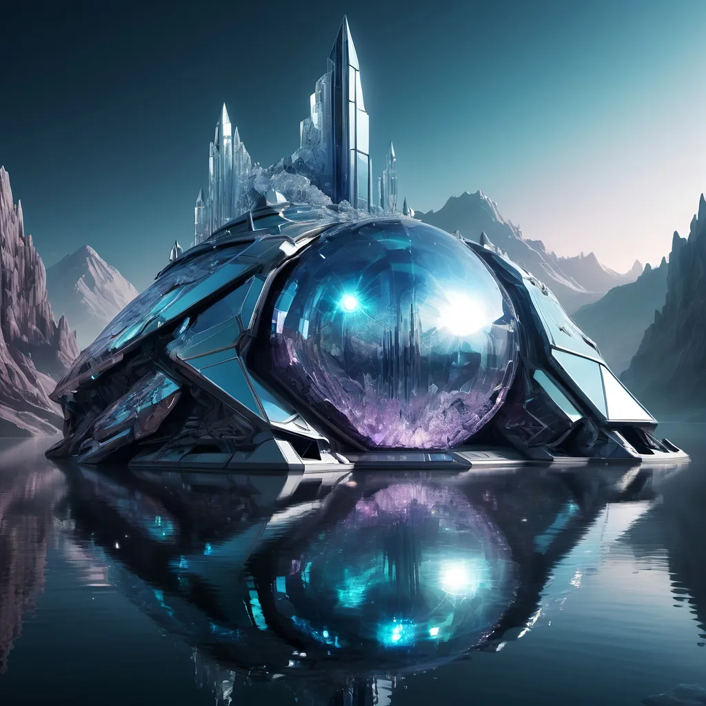 Prompt: Crystal lake in futuristic scenery, high-tech, metallic sheen, intricate crystal details, professional art, highres, ultra-detailed, futuristic, sci-fi, dramatic lighting, intense shadows, surreal landscape, professional art, futuristic, crystal spaceship, metallic sheen, intricate details, intense shadows, dramatic lighting