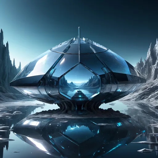 Prompt: Crystal lake in futuristic scenery, high-tech, metallic sheen, intricate crystal details, professional art, highres, ultra-detailed, futuristic, sci-fi, dramatic lighting, intense shadows, surreal landscape, professional art, futuristic, crystal spaceship, metallic sheen, intricate details, intense shadows, dramatic lighting