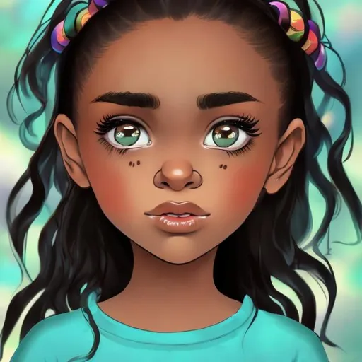 Prompt: A girl with brown skin and teal eyes and black hair that has rainbow at the ends of it.