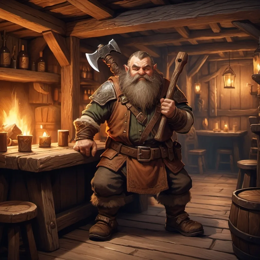 Prompt: dwarf character holding an axe in a tavern , fantasy character art, illustration, dnd, warm tone