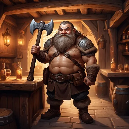 Prompt: dwarf character holding an axe in a tavern , fantasy character art, illustration, dnd, warm tone