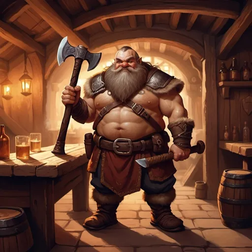 Prompt: dwarf character holding an axe in a tavern , fantasy character art, illustration, dnd, warm tone