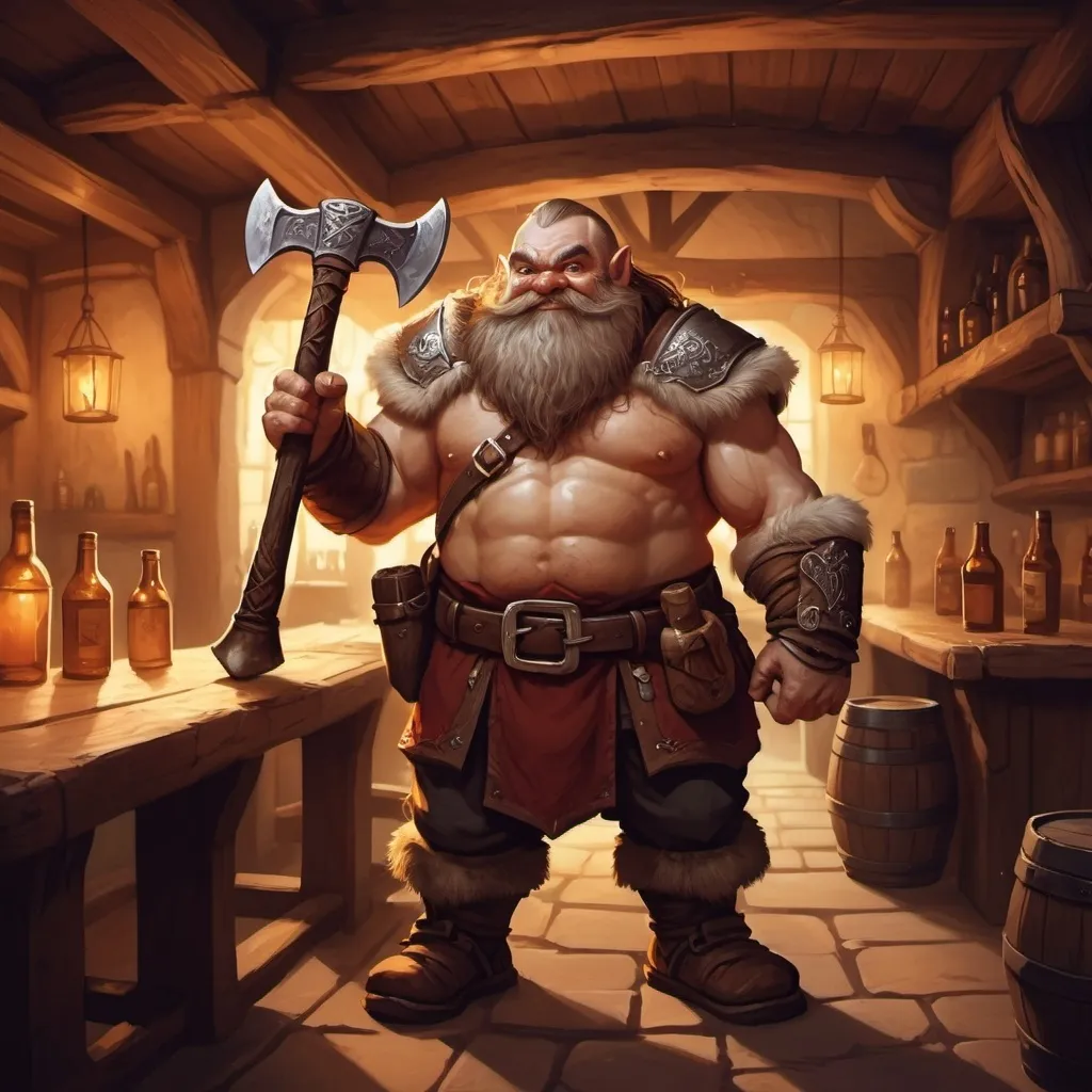 Prompt: dwarf character holding an axe in a tavern , fantasy character art, illustration, dnd, warm tone