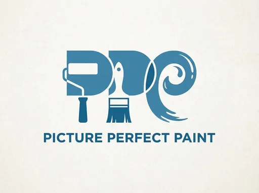 Prompt: I have a business called Picture Perfect Paint. I want to create a simplistic yet eye capturing logo. I'd like to somehow use the three P's in an alliteration, maybe have some of the P's as a paint roller or brush or something. Be creative. Color schemes should be a soothing blue and white 