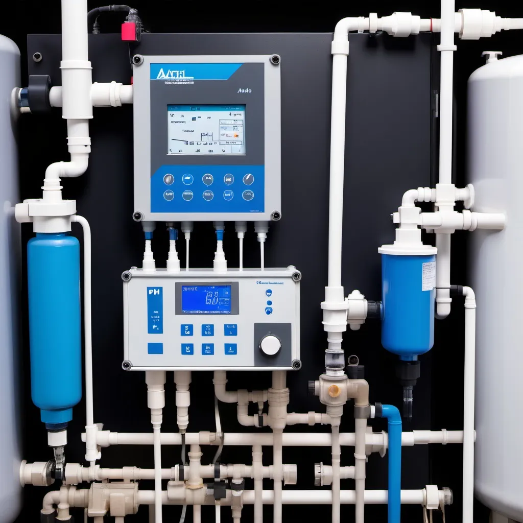 Prompt: auto pH adjustment in a water flow through system including a pH sensor, chemical feeding pumps, a pH controller, chemical static mixer and an automation system
