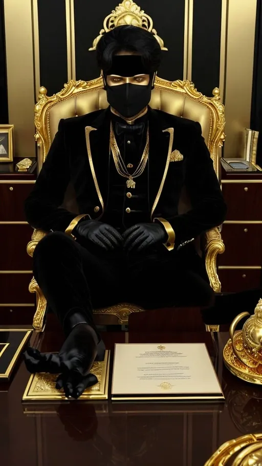 Prompt: A man sits in a luxurious and sumptuous office. Golden ornaments decorate the office and the desk at which he is sitting.
The man is wearing a black velvet suit with light golden ornaments.
The man is also wearing a fearsome golden mask.
He folds his hands, on which he wears black gloves.