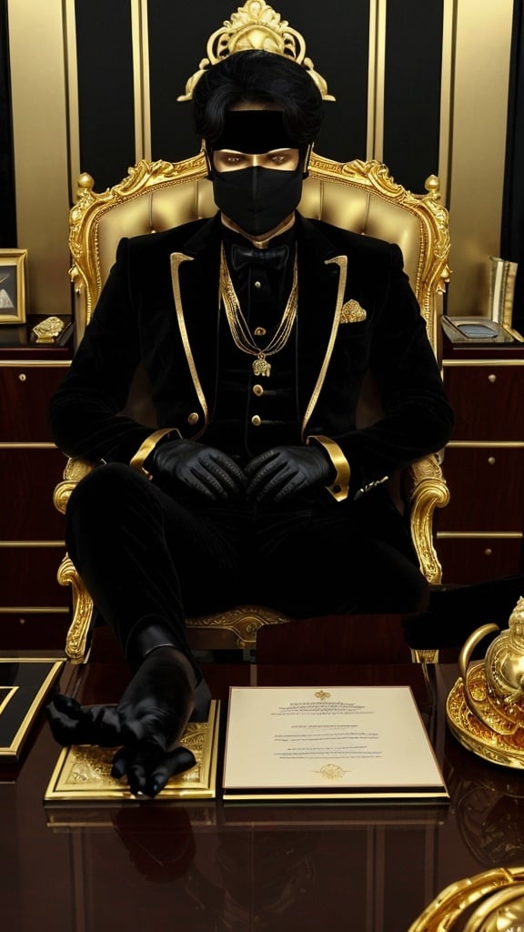 Prompt: A man sits in a luxurious and sumptuous office. Golden ornaments decorate the office and the desk at which he is sitting.
The man is wearing a black velvet suit with light golden ornaments.
The man is also wearing a fearsome golden mask.
He folds his hands, on which he wears black gloves.