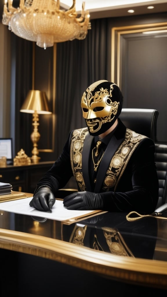 Prompt: A man sits in a luxurious and sumptuous office. Golden ornaments decorate the office and the desk at which he is sitting.
The man is wearing a black velvet suit with light golden ornaments.
The man is also wearing a fearsome golden mask.
He folds his hands, on which he wears black gloves.