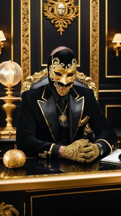 Prompt: A man sits in a luxurious and sumptuous office. Golden ornaments decorate the office and the desk at which he is sitting.
The man is wearing a black velvet suit with light golden ornaments.
The man is also wearing a fearsome golden mask.
He folds his hands, on which he wears black gloves.