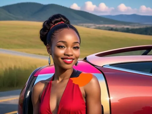 Prompt: (woman in a red dress), (standing in front of a sleek car), (hill in the background), (expansive sky), short smile, (inspired by Chinwe Chukwuogo-Roy), letterism style, vibrant colors, cinematic lighting, bold contrasts, photorealistic, (highly detailed), capture the emotional ambiance of joy and freedom, remember the essence of dynamic storytelling in image.