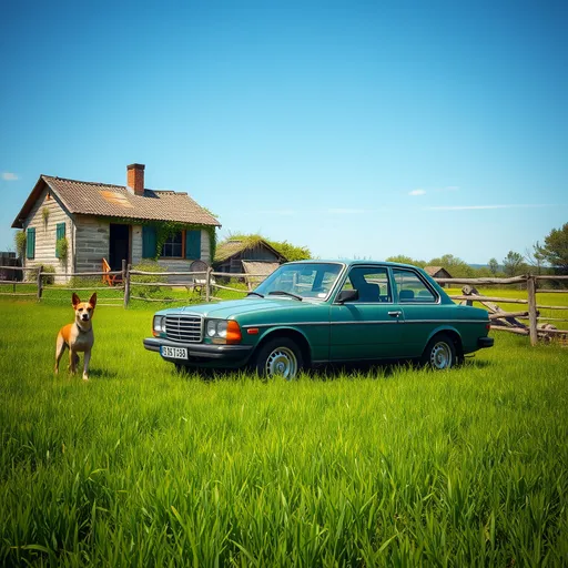 Prompt: (photorealistic) car parked in a lush green field, vibrant grass, (a watchful dog) standing alert on the grass, rustic wooden fence nearby, backdrop of a quaint building against a clear blue sky, emotionally nostalgic atmosphere, beautifully captured light, ultra-detailed, 150mp resolution, hints of hurufiyya artistic style blending with realism.