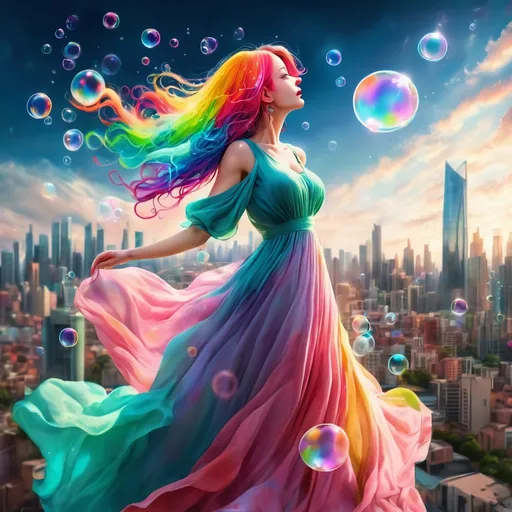 Prompt: a woman in with colorful hair, wearing flowing dress, looking at the sky, bubbles flying in the modern city