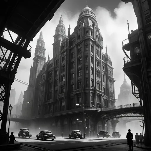 Prompt: dieselpunk city, black white, detailed, high quality, 40s, 1030, retro futurism, bioshock, giant buildings, a bit foggy, bridges
