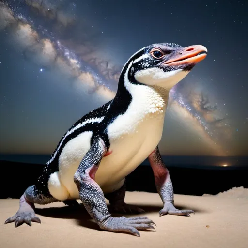 Prompt: Penguin lizard hybrid is eating the milkyway
