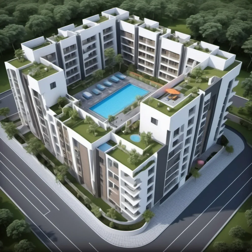 Prompt: Create a 22 storage building with all the modern amenities. Gym on terrace with walking track garden yoga center and swmining pool. 1 to 3 parking space. all 2 bhk rooms