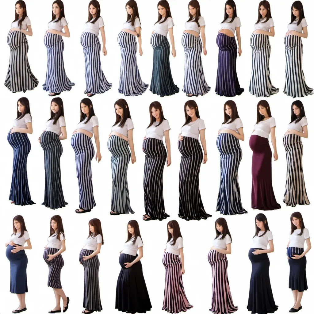 Prompt: Many pregnant anime girls wearing maxi long vertical striped skirts.