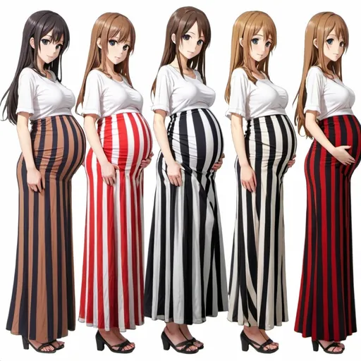 Prompt: Many pregnant anime girls wearing maxi long vertical striped skirts.