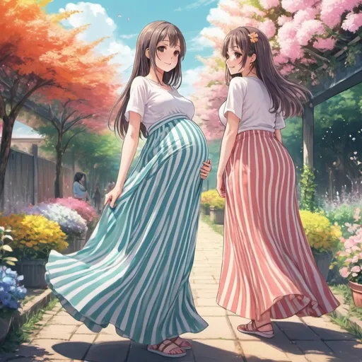 Prompt: Many pregnant anime girls wearing maxi long vertical striped skirts.