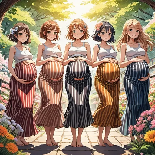 Prompt: Many pregnant anime girls wearing maxi long vertical striped skirts.