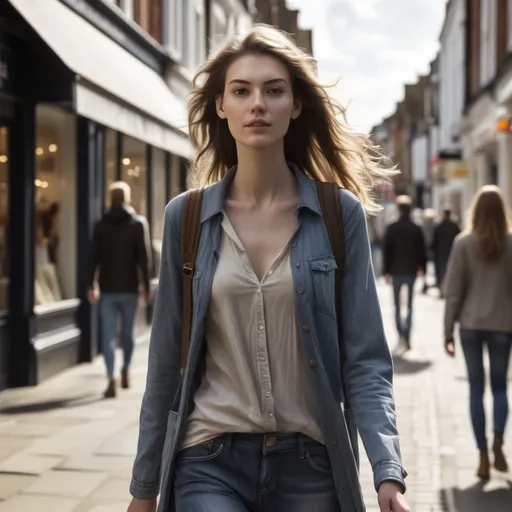 Prompt: Tall young woman walking down the high street, detailed clothing, realistic, natural lighting