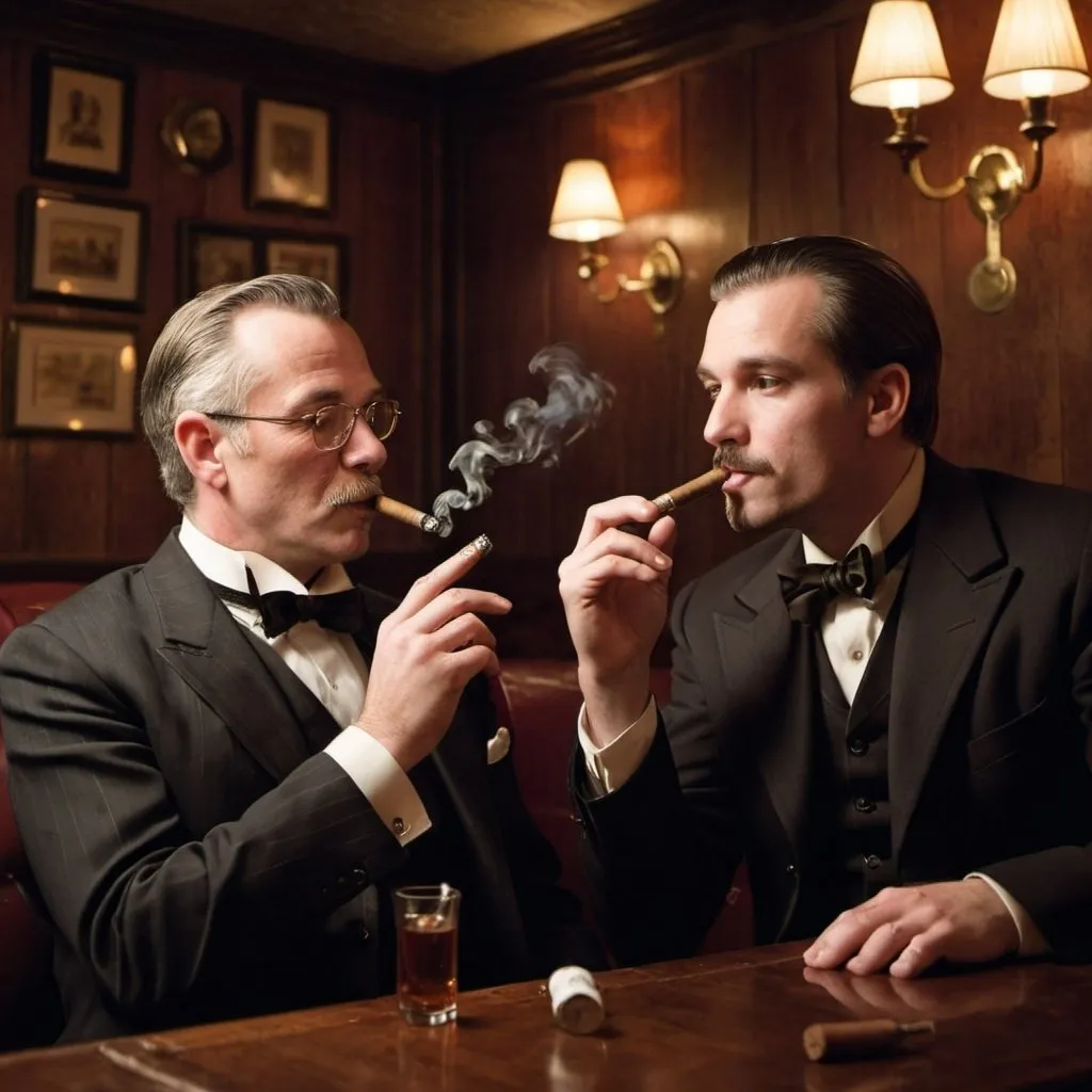 Prompt: a father and his young adult son smoking cigars together in an old fashioned gentleman's club
