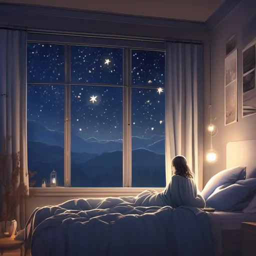 Prompt: A person sleeping soundly looking up at the stars while in bed
