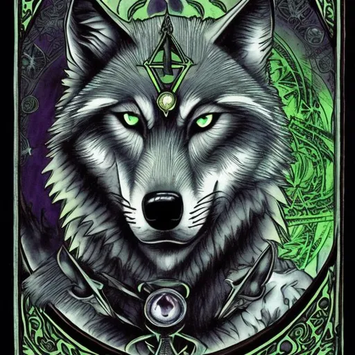 Prompt: Wolf with piercing green eyes, a pentagram around his neck and tarot cards surrounding him