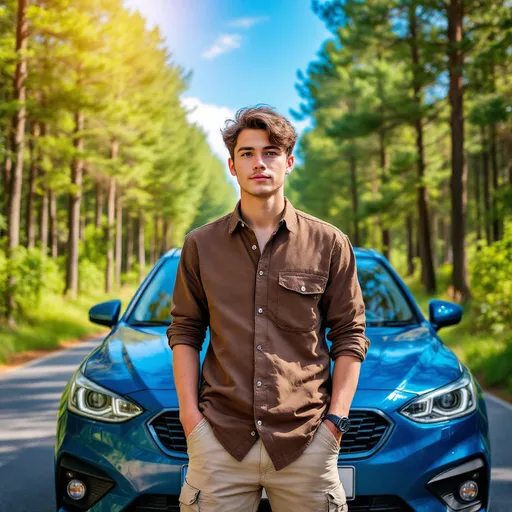 Prompt: Standing confidently in front of a blue car, a young man presents a casual yet composed demeanor, dressed in a brown shirt with a single chest pocket and light-colored cargo pants. He stands on a paved road that cuts through a lush, sun-drenched forest, where tall trees provide a vibrant backdrop against the clear blue sky. The warm sunlight highlights his focused expression, while the car adds a modern touch to the serene outdoor setting. The overall atmosphere suggests a relaxing day out, blending nature's tranquility with a sense of adventure.